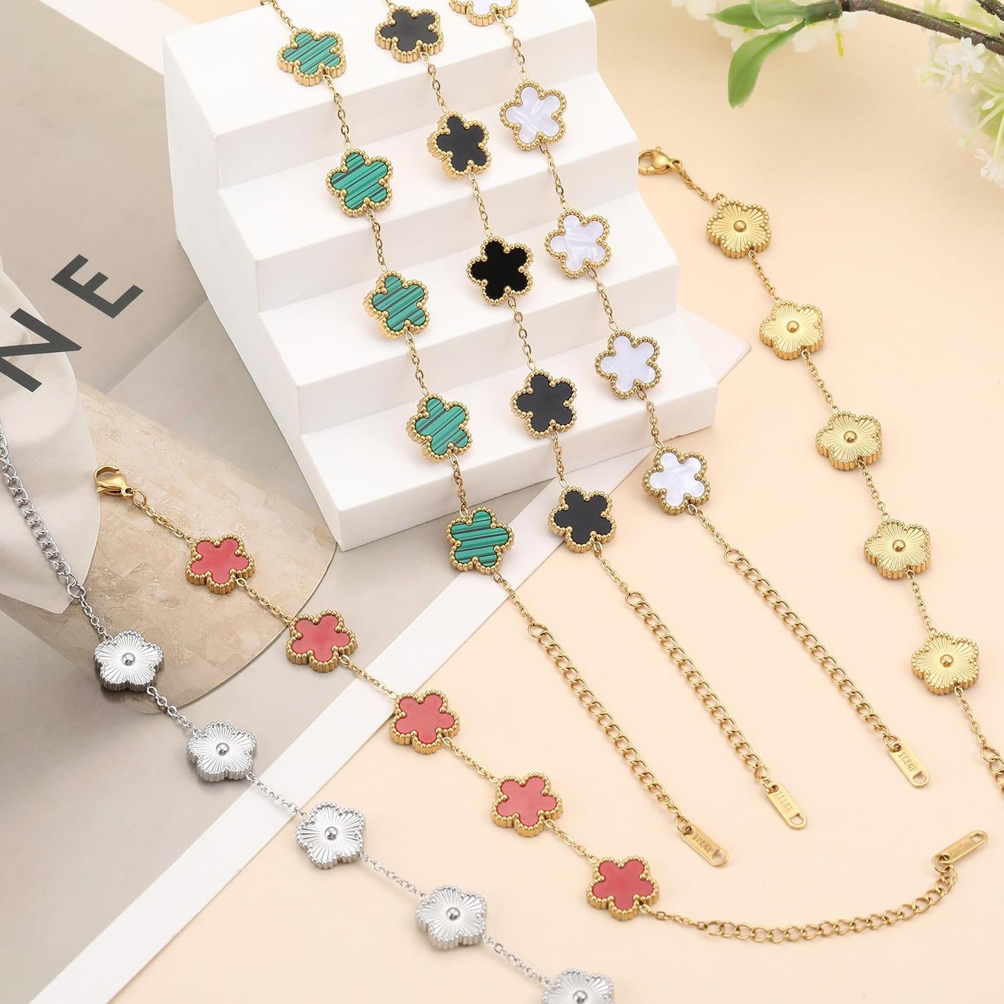 Manufacturer  TICVSS Four Leaf Clover Bracelet for Women 18K Gold Plated Stainless Steel Lucky 4 Leaf Gold Link Bracelet Jewelry Gift for Women  bracelets