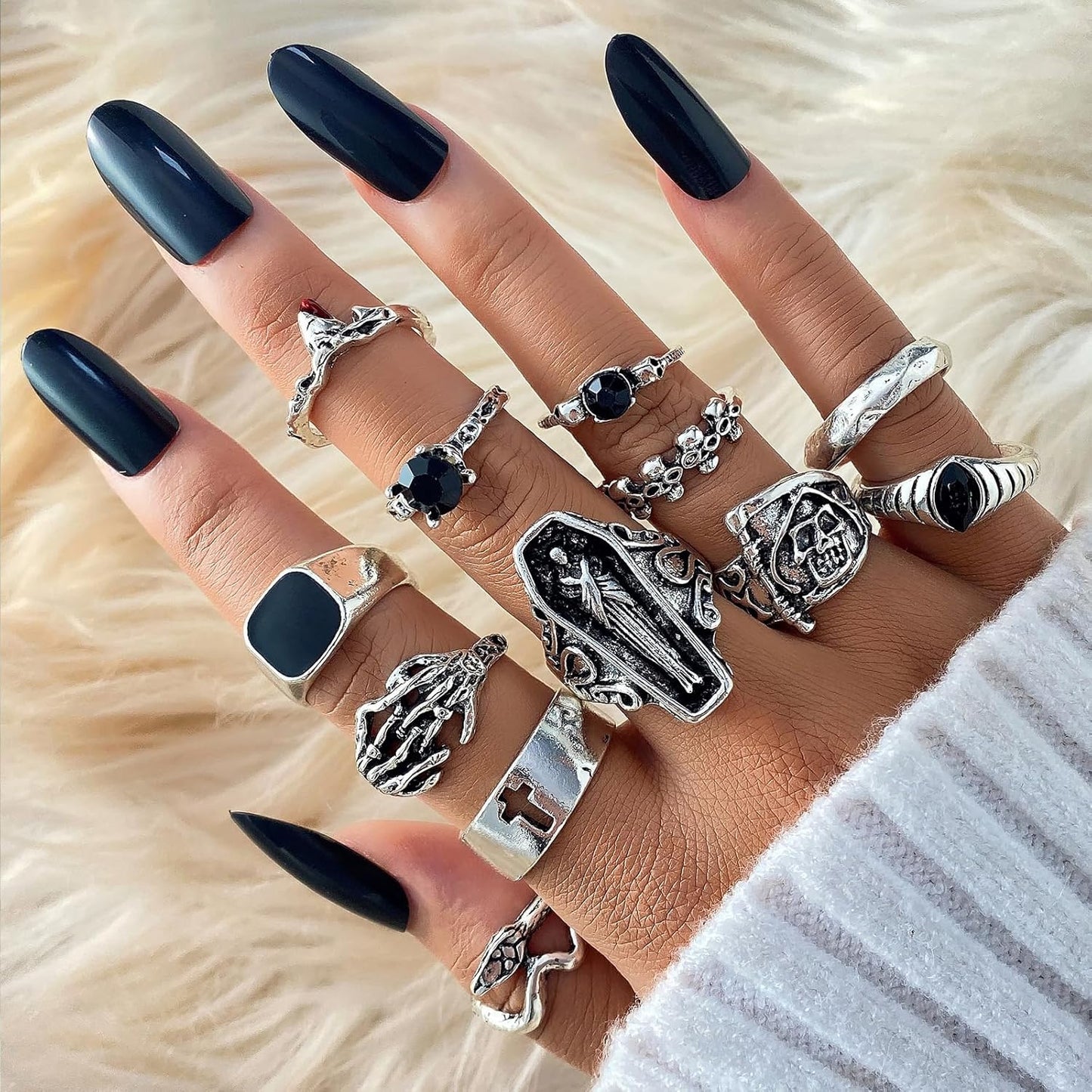 Manufacturer  IFKM Vintage Silver Knuckle Rings Set for Women, Stackable Joint Finger Statement Rings Bohemian Retro Hollow Carved Midi Rings, Boho Halloween Skeleton Skull Snake Heart Chunky Stacking Rings Pack   rings