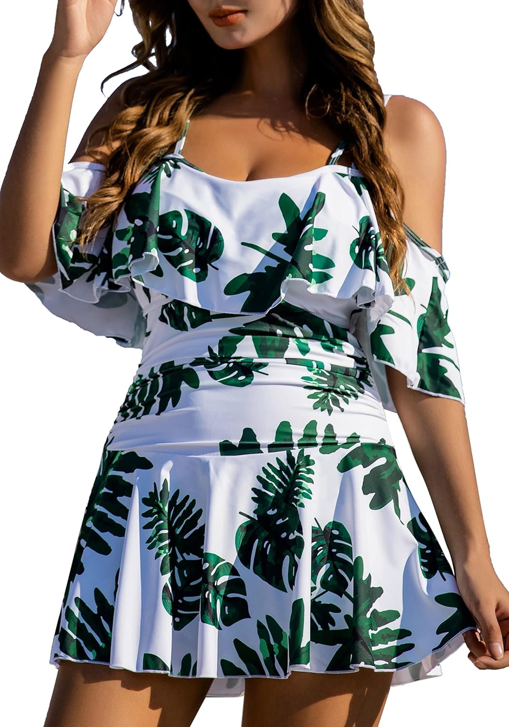 Manufacturer  COCOPEAR Women's One Piece Flounce Swimsuit Off Shoulder Bathing Suit Tummy Control Swimdress  Swimsuit