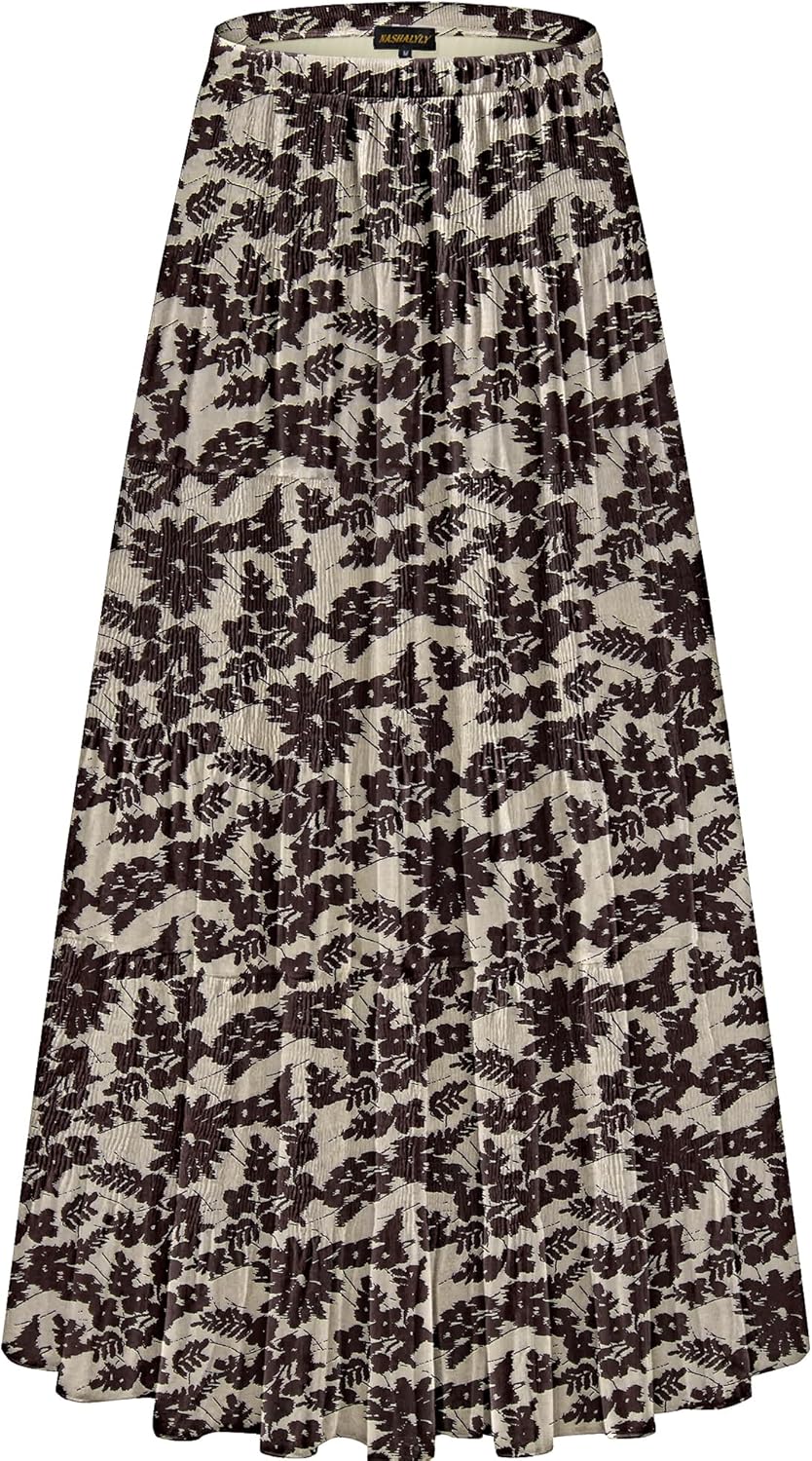 Manufacturer  NASHALYLY Women's Chiffon Elastic High Waist Pleated A-Line Flared Maxi Skirts