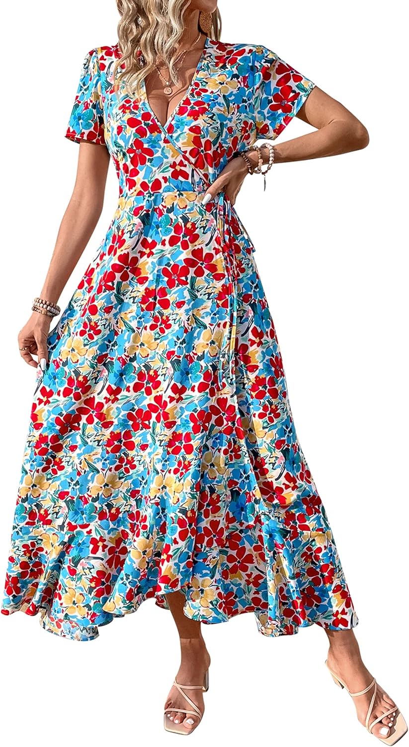 Manufacturer  PRETTYGARDEN Women's Summer Maxi Dress Casual Wrap Floral Boho Short Sleeve V Neck Split Ruffle Beach Long Dresses dresses