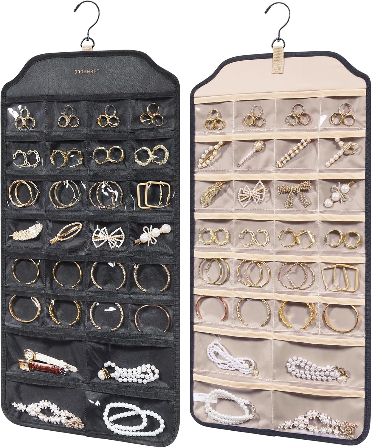 Manufacturer  BAGSMART Hanging Jewelry Organizer, Necklace Holder Anti-tangle Earrings Rings Hanger with 20 Jewelry Bags Travel Storage Roll with Pockets Hang on Closet, Wall, Door,1 Piece, Large, Black  earring