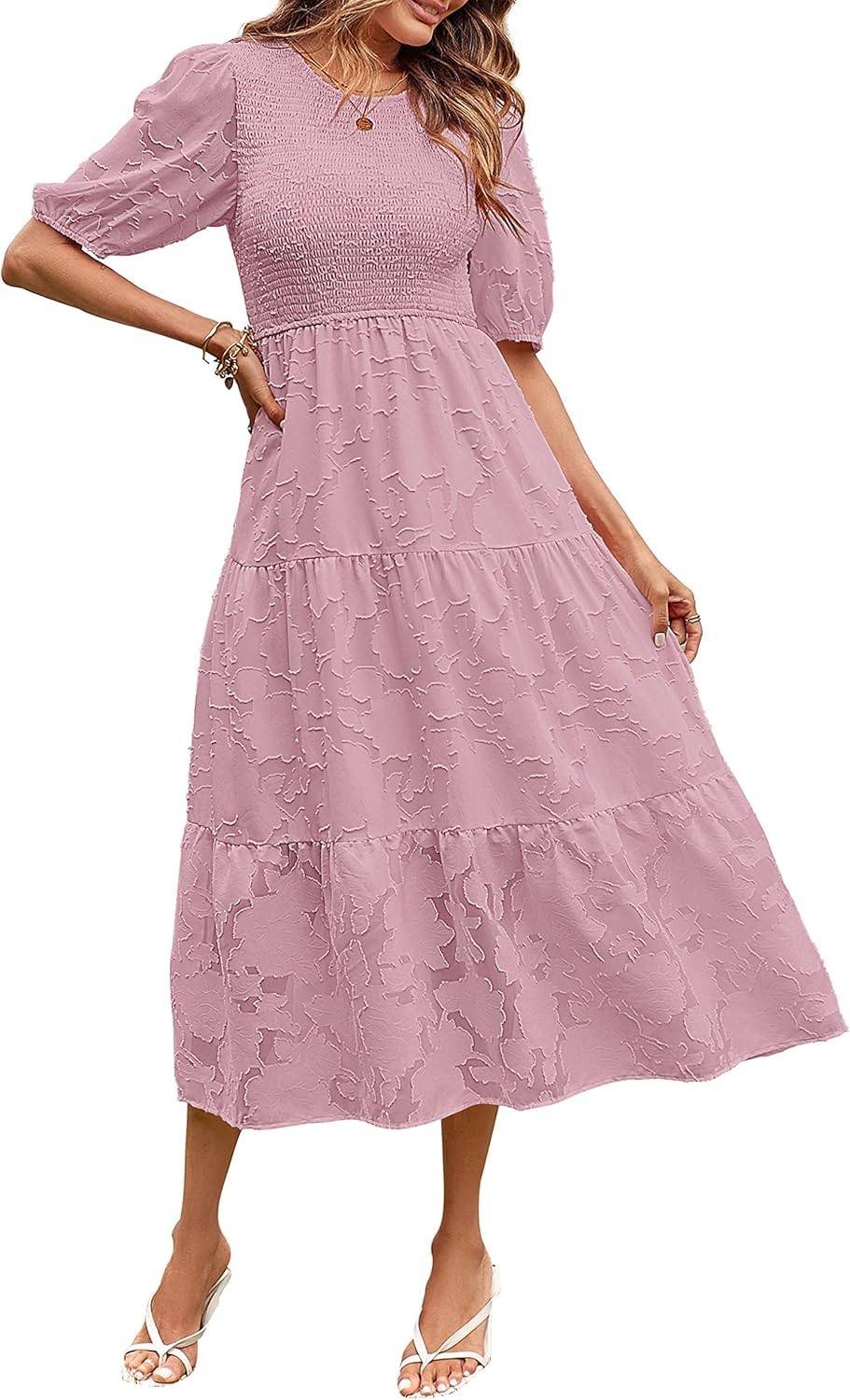 Manufacturer  MEROKEETY Women's  Summer Puff Sleeve Smocked Floral Dress Crewneck Lace Flowy Tiered Midi Dresses dresses