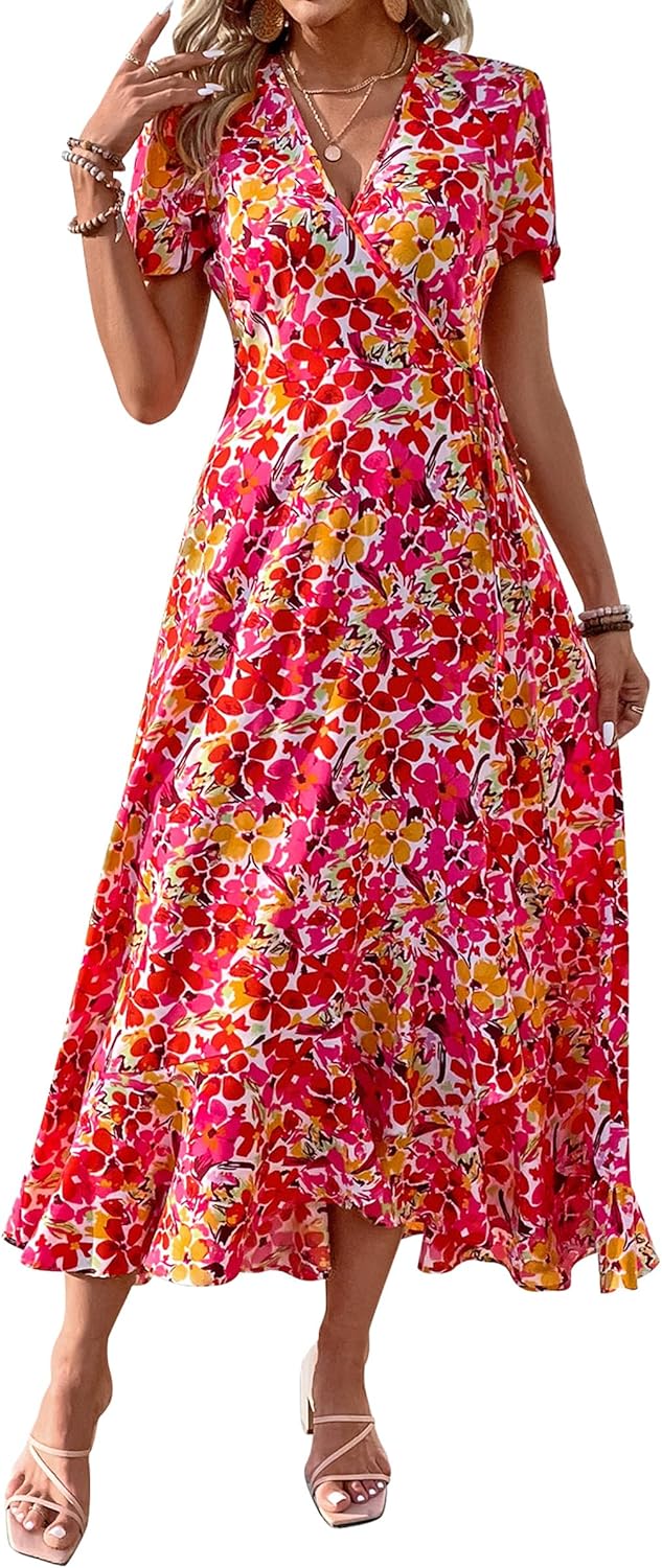 Manufacturer  PRETTYGARDEN Women's Summer Maxi Dress Casual Wrap Floral Boho Short Sleeve V Neck Split Ruffle Beach Long Dresses dresses