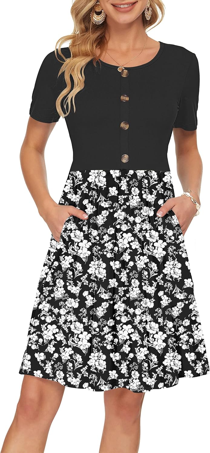 Manufacturer  AUSELILY Women's Short Sleeve Summer Dress Pleated Button Down Knee Length Dresses with Pockets New dresses