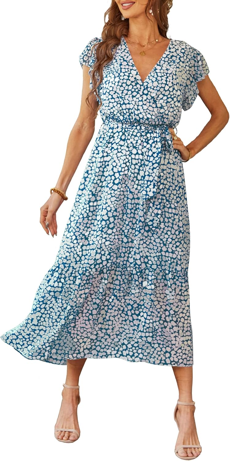 Manufacturer  PRETTYGARDEN Women's Summer Floral Boho Maxi Dress Wrap Short Sleeve V Neck Ruffle A-Line Flowy Wedding Guest Long Dresses dresses