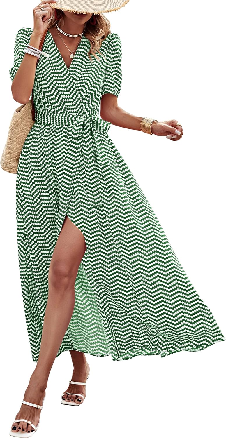 Manufacturer  PRETTYGARDEN Women's Summer Maxi Dress Casual Wrap Floral Boho Short Sleeve V Neck Split Ruffle Beach Long Dresses dresses