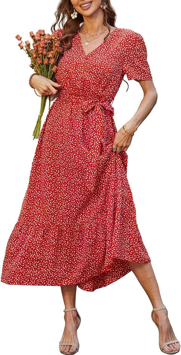 Manufacturer  PRETTYGARDEN Women's Summer Floral Boho Maxi Dress Wrap Short Sleeve V Neck Ruffle A-Line Flowy Wedding Guest Long Dresses dresses