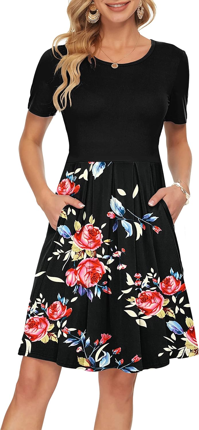 Manufacturer  AUSELILY Women's Short Sleeve Summer Dress Pleated Loose Swing Knee Length Dresses with Pockets  New dresses