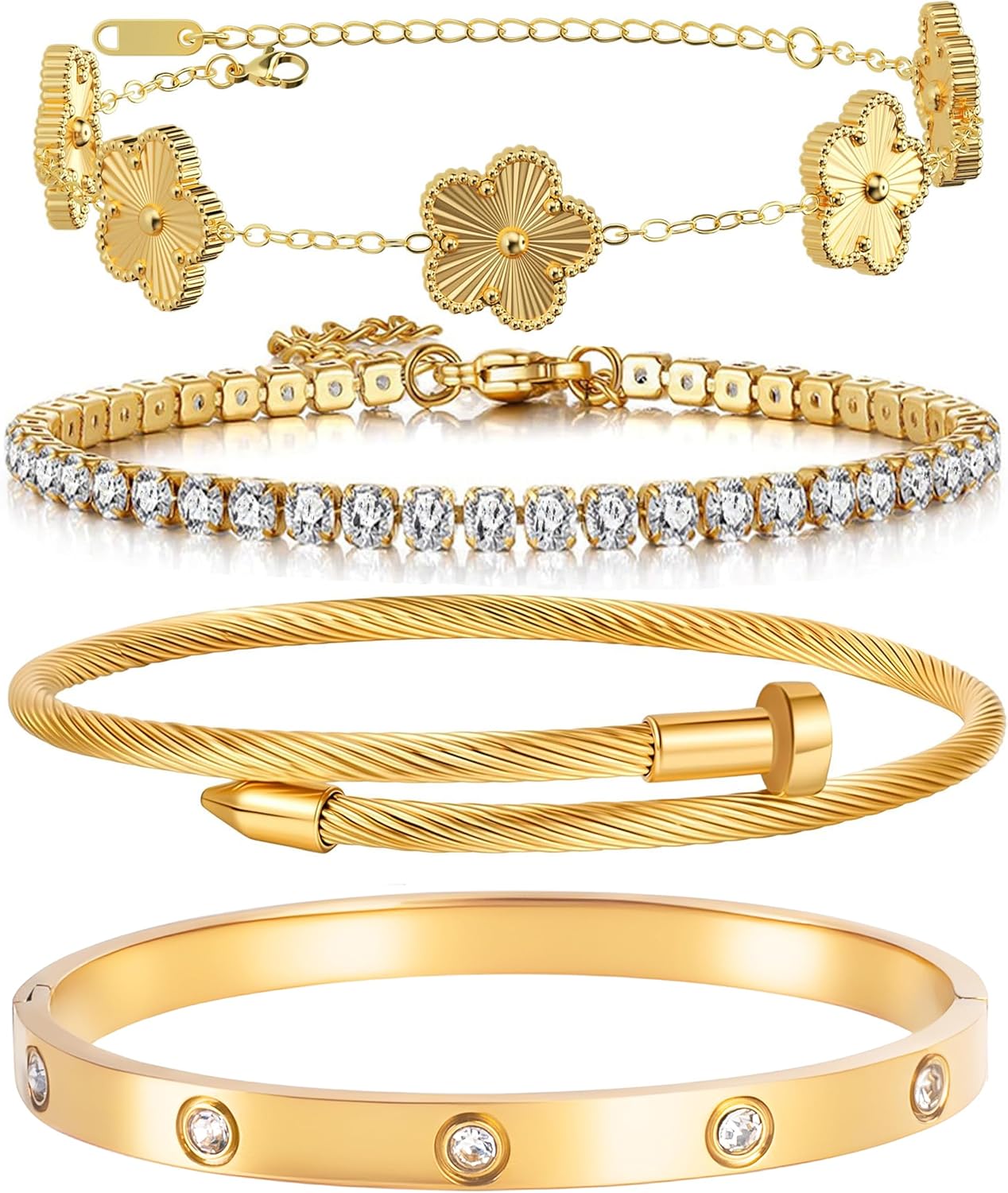 Manufacturer  Lamdo 18K Gold Plated Womens Stackable Floral Gold Clover Bracelets Set Love Bangle Bracelets Non Tarnish, Gold Bracelet Set Trendy Jewelry,Gifts for Women's Day and Mother's Day  bracelets