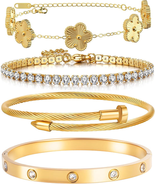 Manufacturer  Lamdo 18K Gold Plated Womens Stackable Floral Gold Clover Bracelets Set Love Bangle Bracelets Non Tarnish, Gold Bracelet Set Trendy Jewelry,Gifts for Women's Day and Mother's Day  bracelets