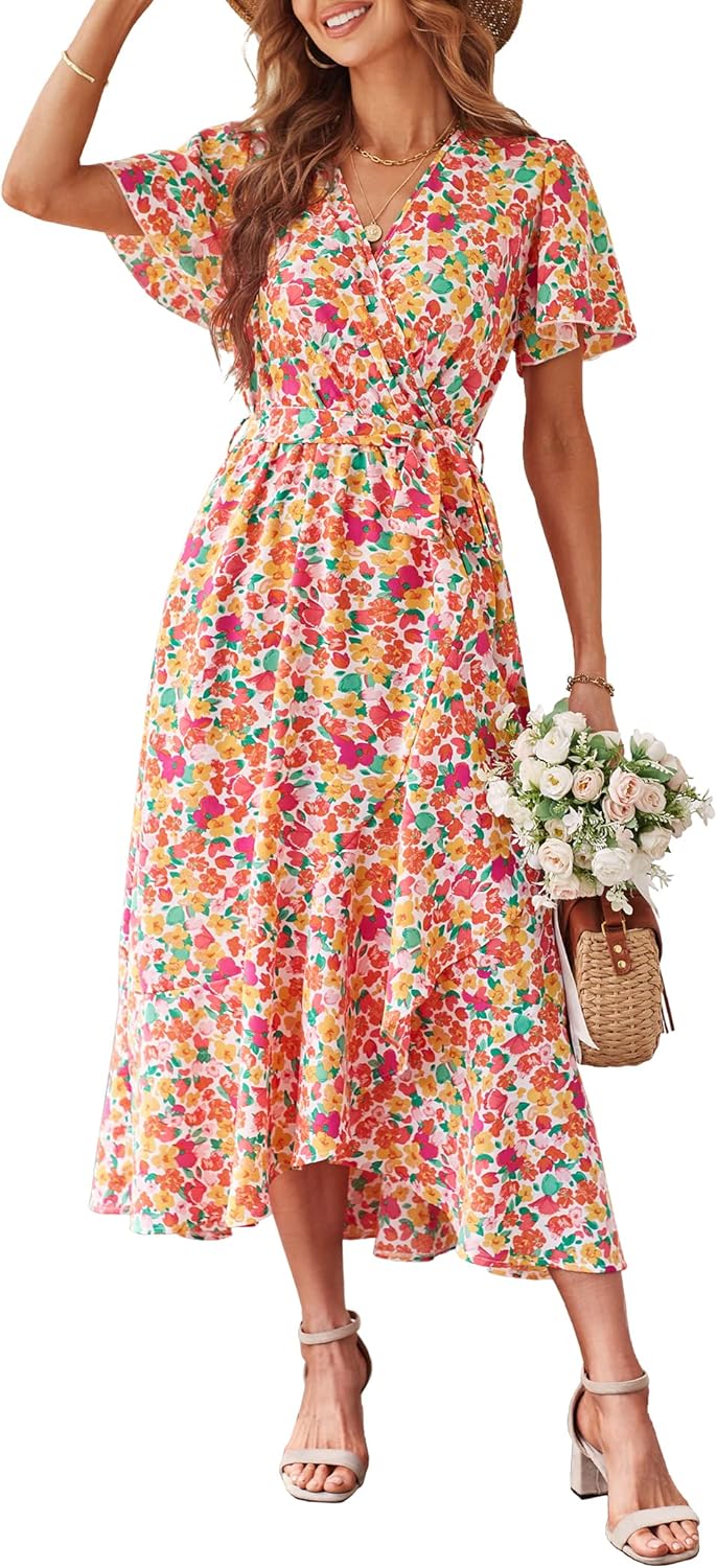 Manufacturer  PRETTYGARDEN Women's Summer Floral Boho Maxi Dress Wrap Short Sleeve V Neck Ruffle A-Line Flowy Wedding Guest Long Dresses dresses