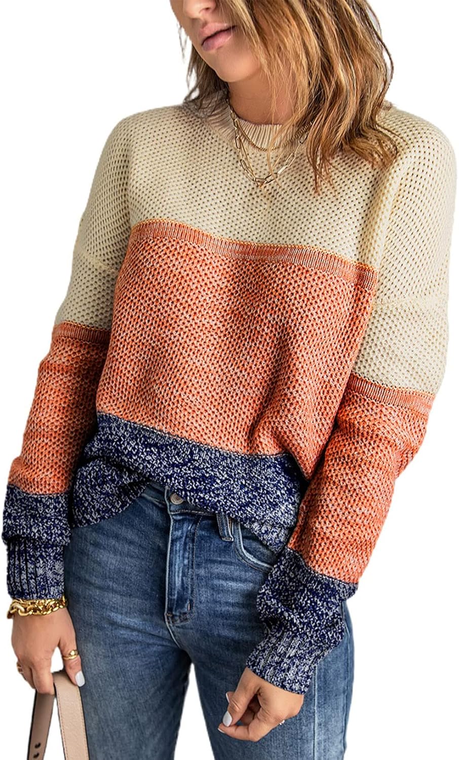 Manufacturer  Dokotoo Womens Color Block Sweaters Long Sleeve Crewneck Pullover Knit Jumper Tops   sweaters