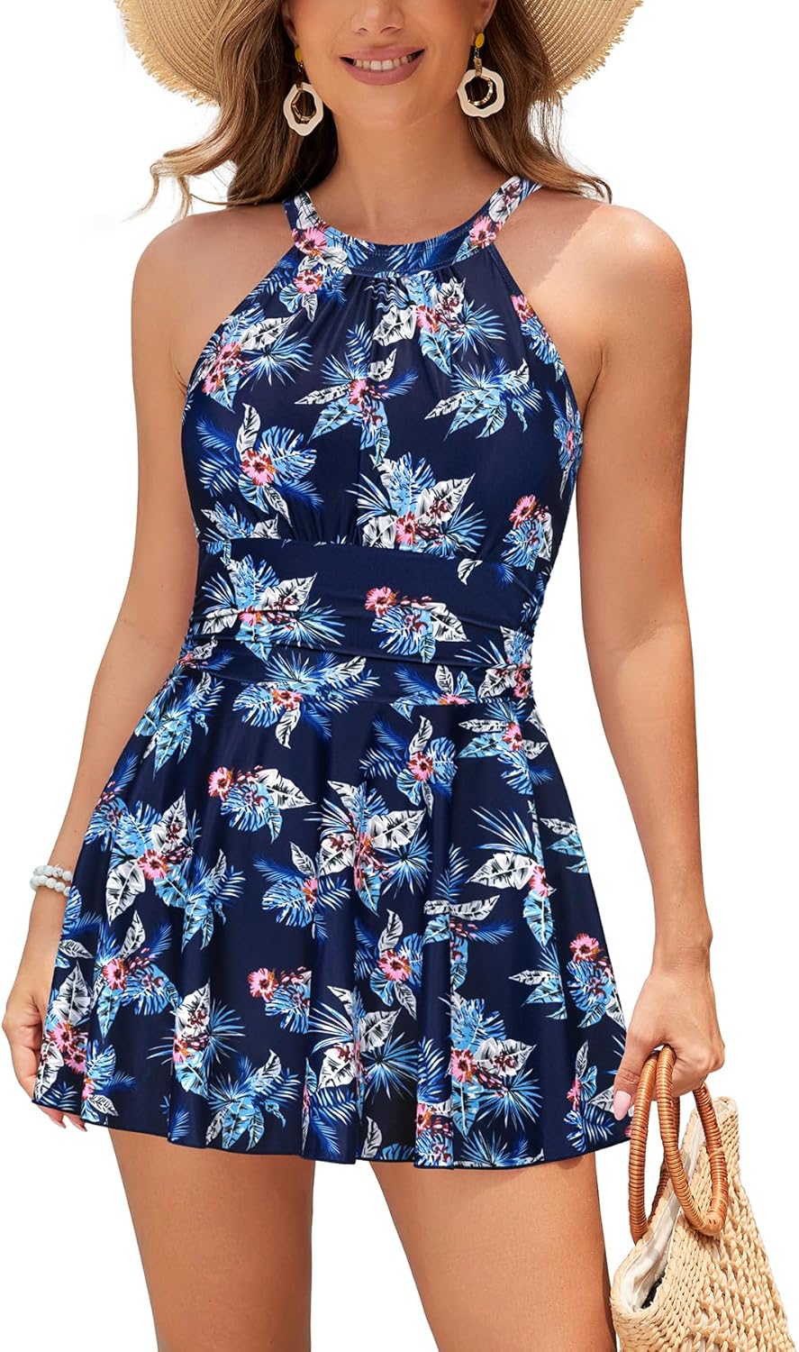 Manufacturer  SHEKINI Womens Elegant One Piece Swimdress High Neck Swim Dress Ruched Swim Skirt  Swimsuit