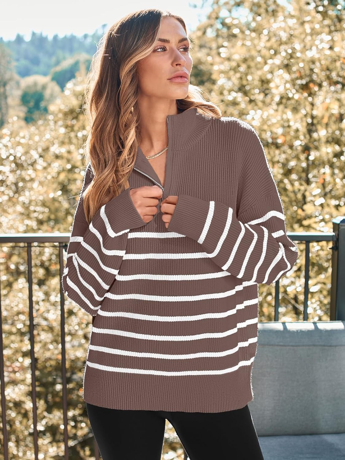 Manufacturer  LILLUSORY Women's Quarter Zip Striped Oversized Sweater Mock Turtleneck Fall Fashion Outfit   sweaters