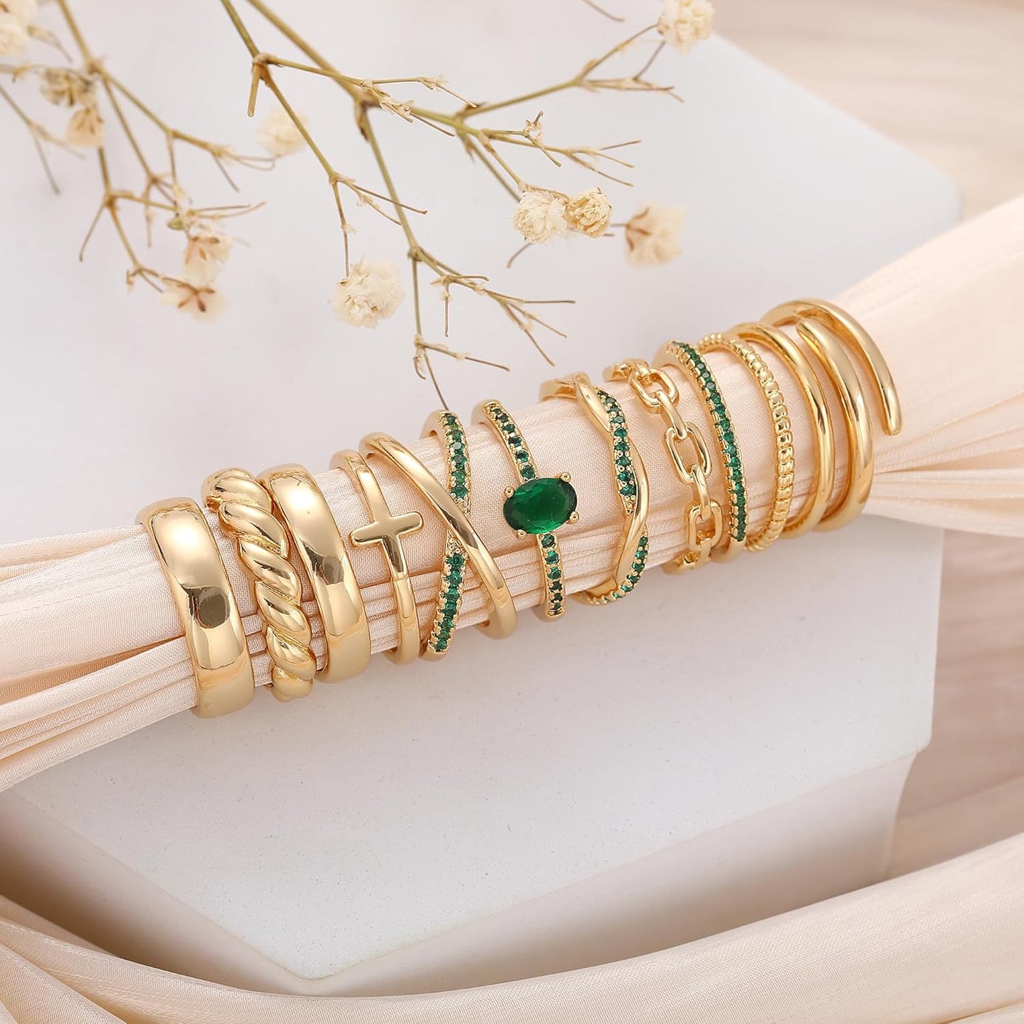 Manufacturer  FAXHION 12 PCS Dainty 14K Gold Rings for Women, Eternity Open Chunky Twist Simulated Diamond Criss Cross Designs, Non Tarnish Gold Plated Stacking Thumb Ring, Perfect for Wedding Bands Size 5-11   rings