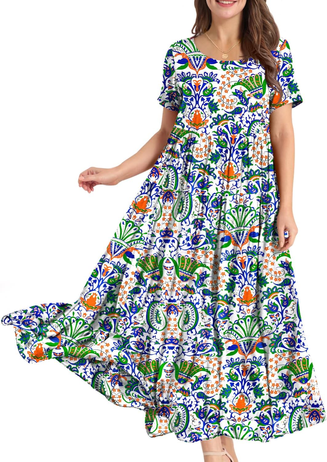 Manufacturer  YESNO Women Casual Loose Bohemian Floral Dress with Pockets Short Sleeve Long Maxi Summer Beach Swing Dress EJF dresses