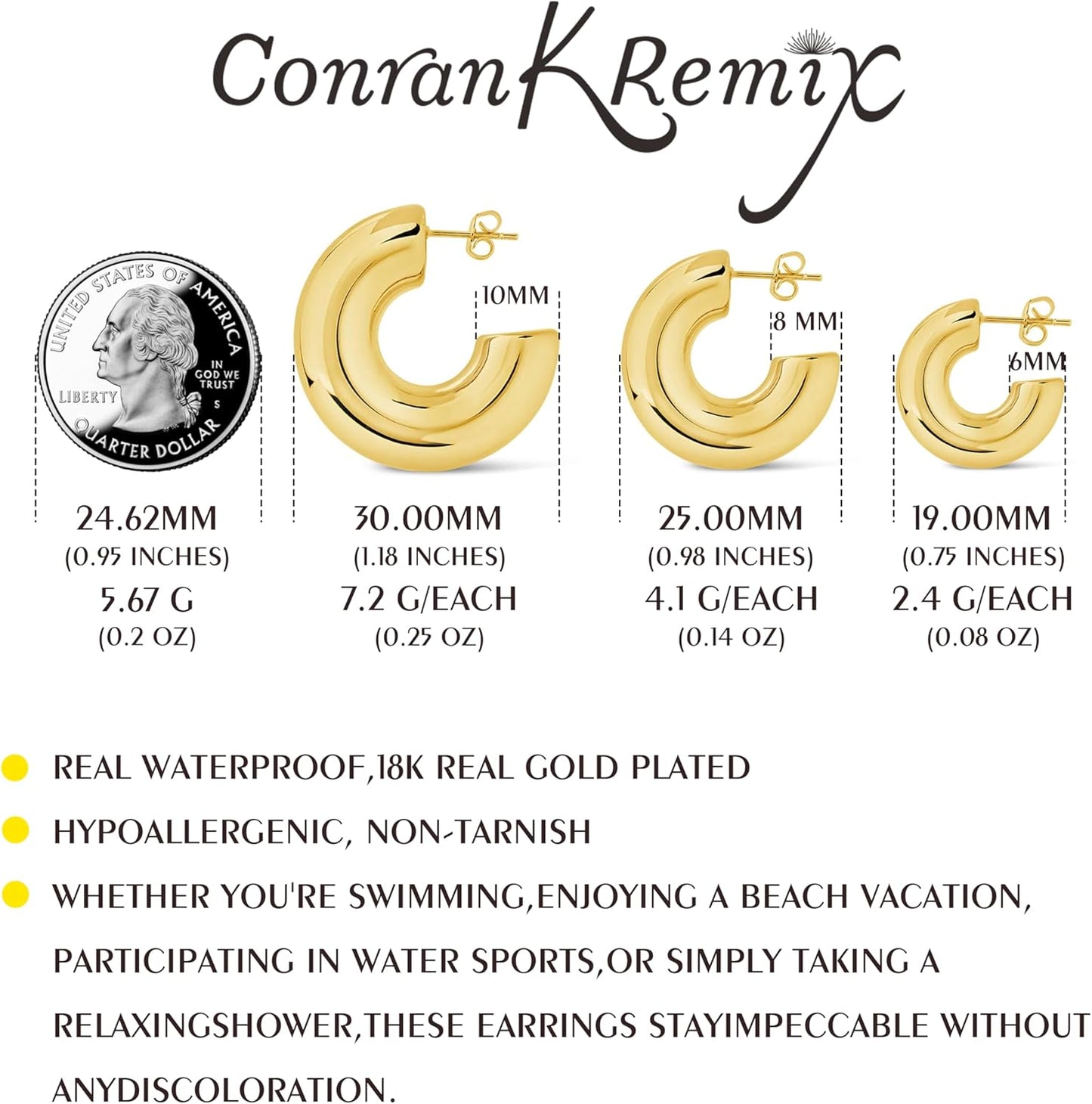 Manufacturer  CONRAN KREMIX Waterproof Chunky Gold Hoops Earrings for Women Non Tarnish, Thick Gold Plated Circle Open Hoop,Lightweight Hollow Earrings Trendy  earring