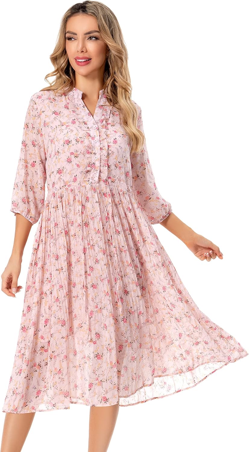 Manufacturer  Shineflow Women's Short Sleeve V-Neck 3/4 Sleeve Button Up Chiffon Floral Pleated Midi Swing Dress with Belt dresses