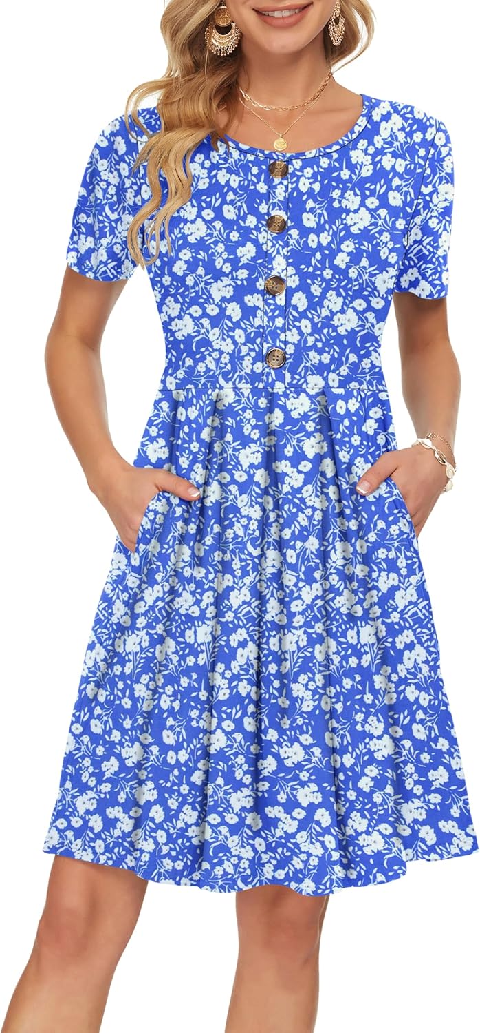 Manufacturer  AUSELILY Women's Short Sleeve Summer Dress Pleated Button Down Knee Length Dresses with Pockets New dresses