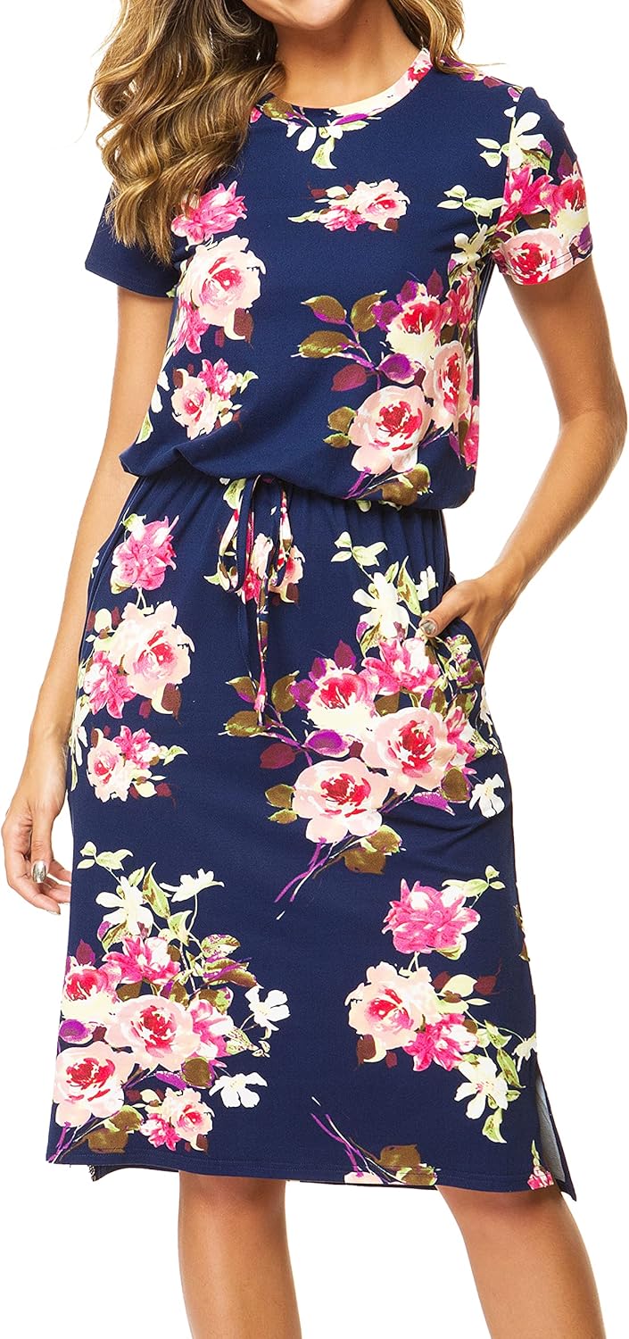 Manufacturer  Simier Fariry Womens Summer Hide Belly Knee Length Travel Dress Pocket Short Sleeve Midi Work Casual Teacher Outfit dresses