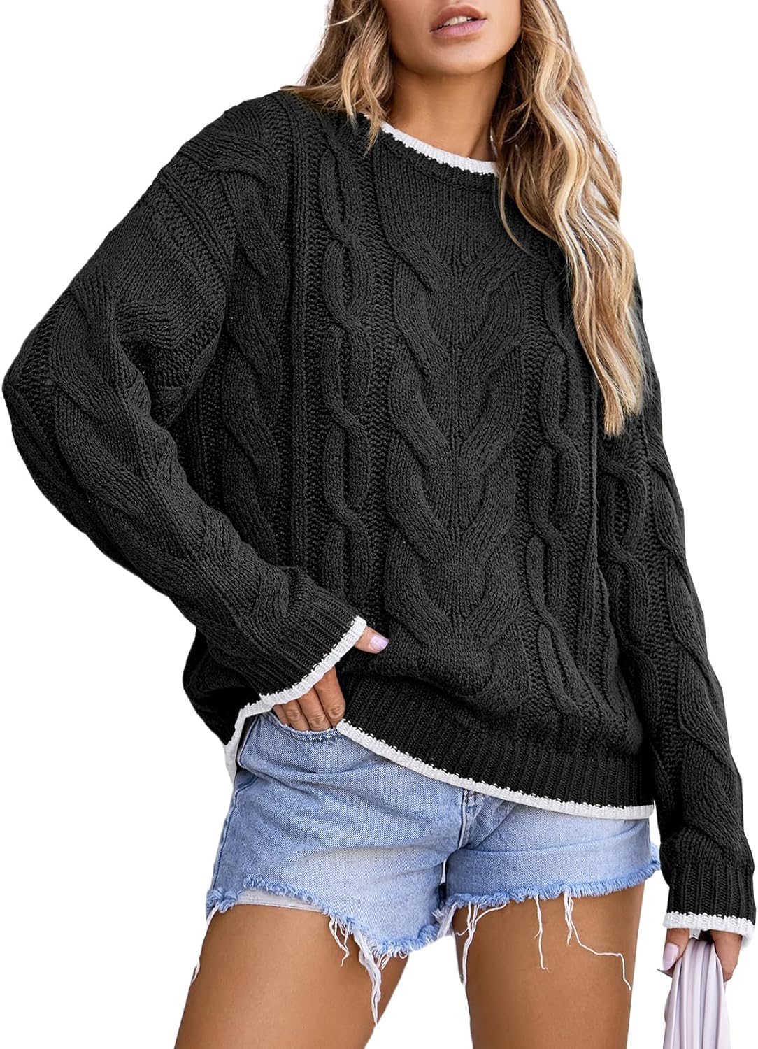 Manufacturer  EVALESS Sweaters for Women Trendy Crewneck Long Sleeve Color Block Sweater Tops Fall  Chunky Cable Knit Pullover Sweaters   sweaters