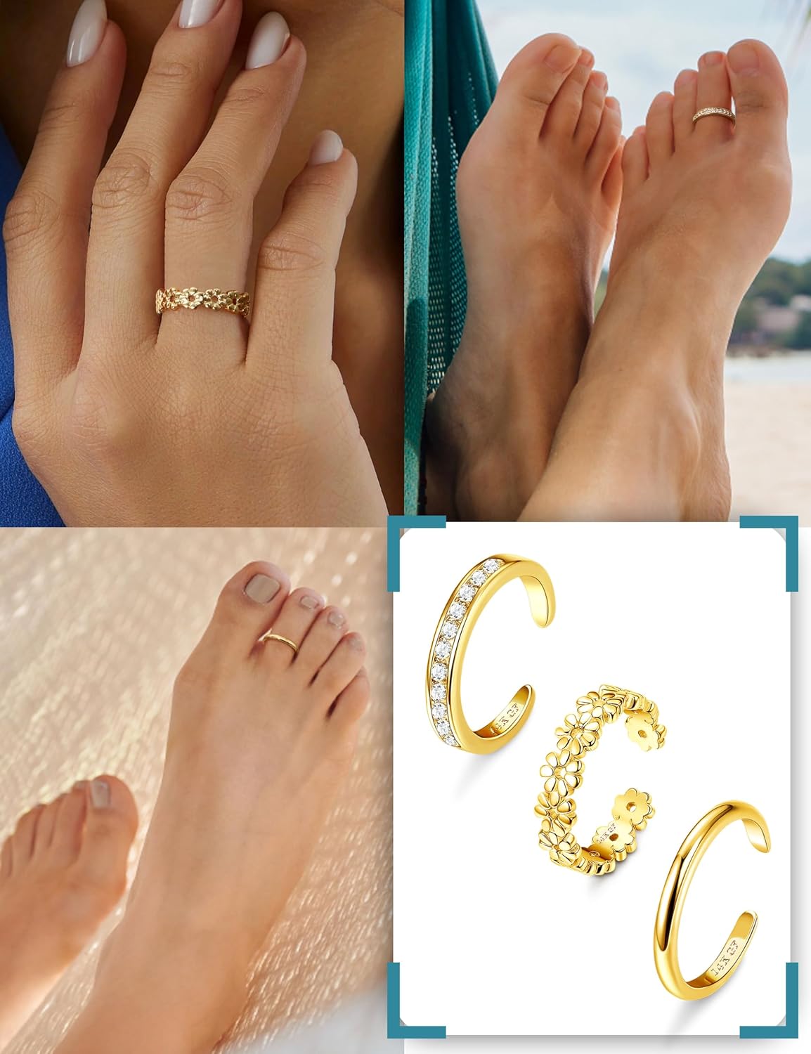 Manufacturer  FIASASO 3Pcs Gold Filled Toe Rings for Women Non Tarnish 14K Gold Filled Toe Ring Adjustable Flower Cz Dainty Toe Ring Summer Beach Open Toe Rings Set Toe Jewelry Foot Jewelry   rings