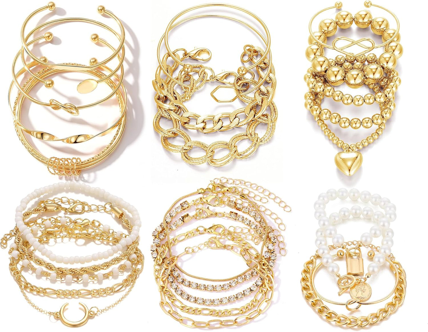 Manufacturer  IFKM 6 PACK (24 PCS) Boho Gold Chain Bracelets Set for Women, 14K Gold Plated Multiple Layered Stackable Open Cuff Wrap Bangle Adjustable Link Italian Cuban Jewelry for Women Gift  bracelets