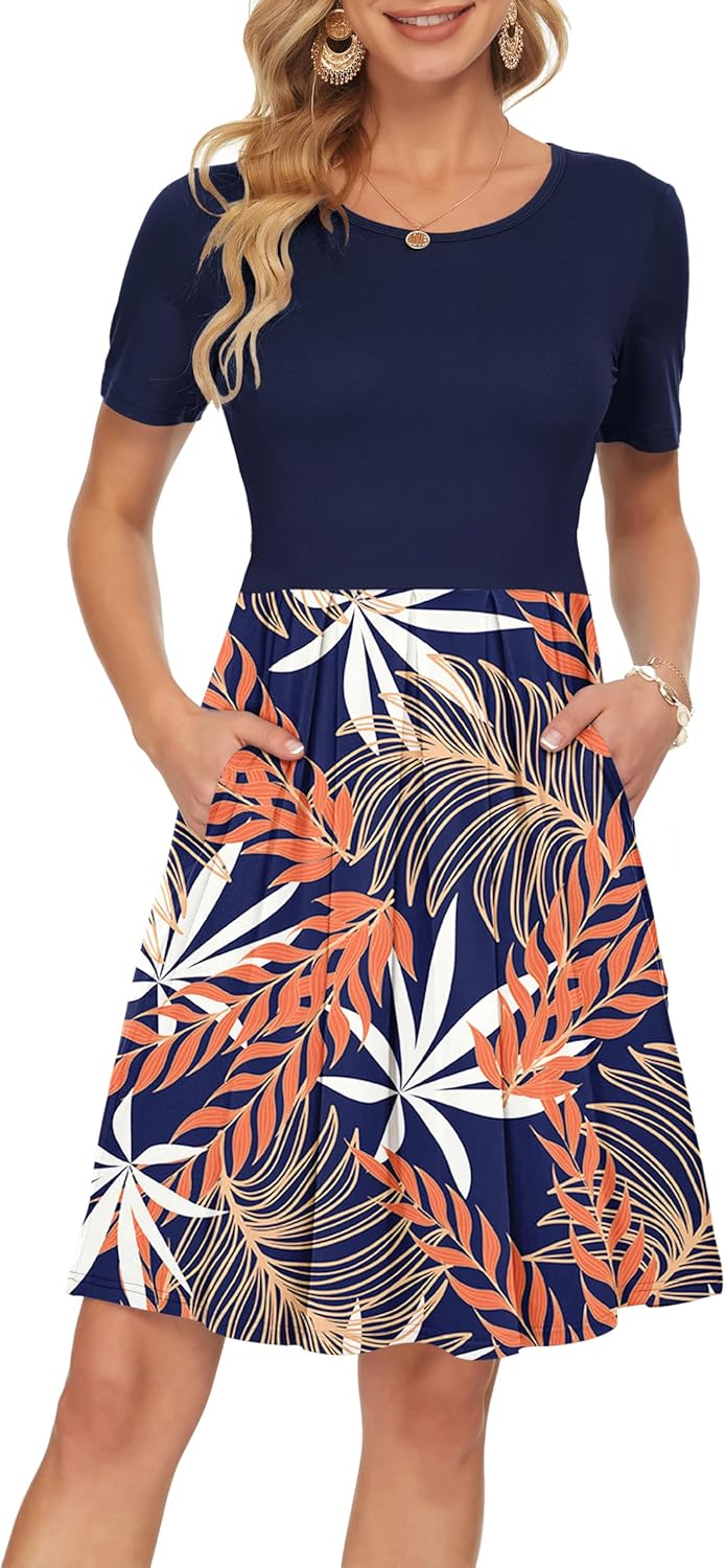 Manufacturer  AUSELILY Women's Short Sleeve Summer Dress Pleated Loose Swing Knee Length Dresses with Pockets  New dresses