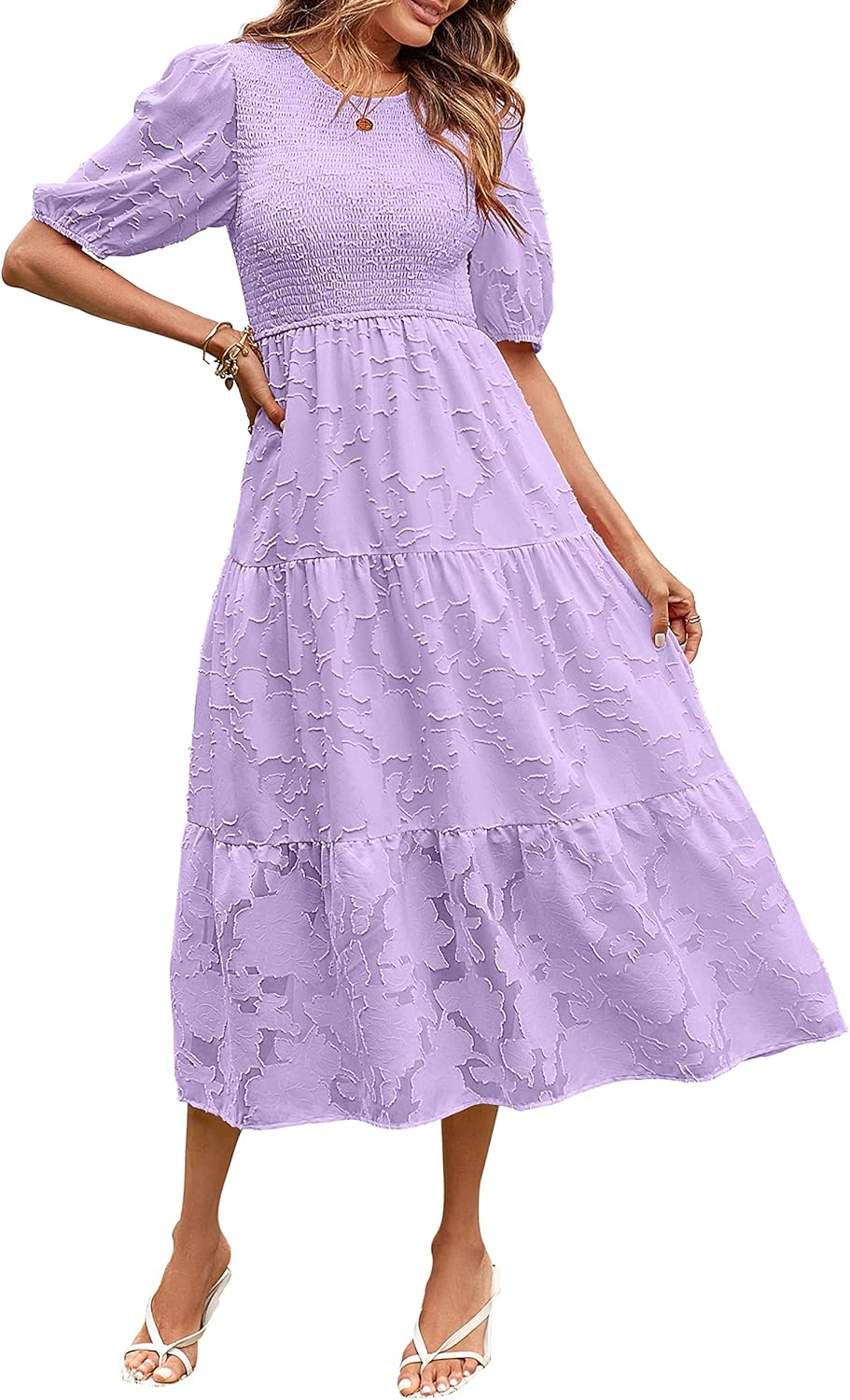 Manufacturer  MEROKEETY Women's  Summer Puff Sleeve Smocked Floral Dress Crewneck Lace Flowy Tiered Midi Dresses dresses