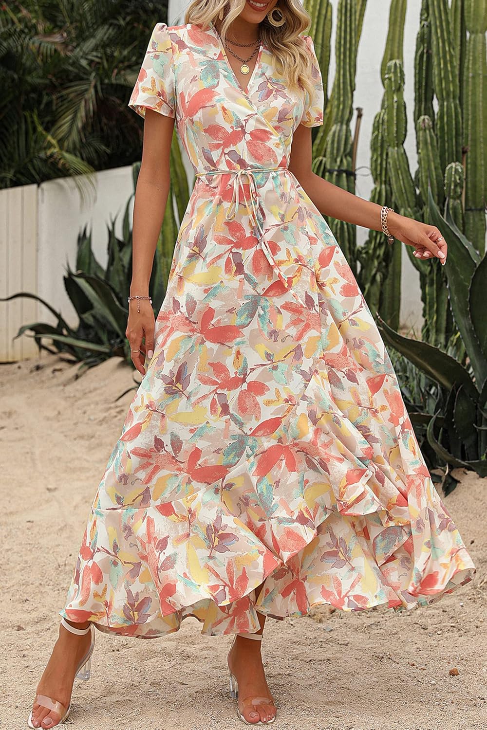 Manufacturer  PRETTYGARDEN Women's Summer Maxi Dress Casual Wrap Floral Boho Short Sleeve V Neck Split Ruffle Beach Long Dresses dresses