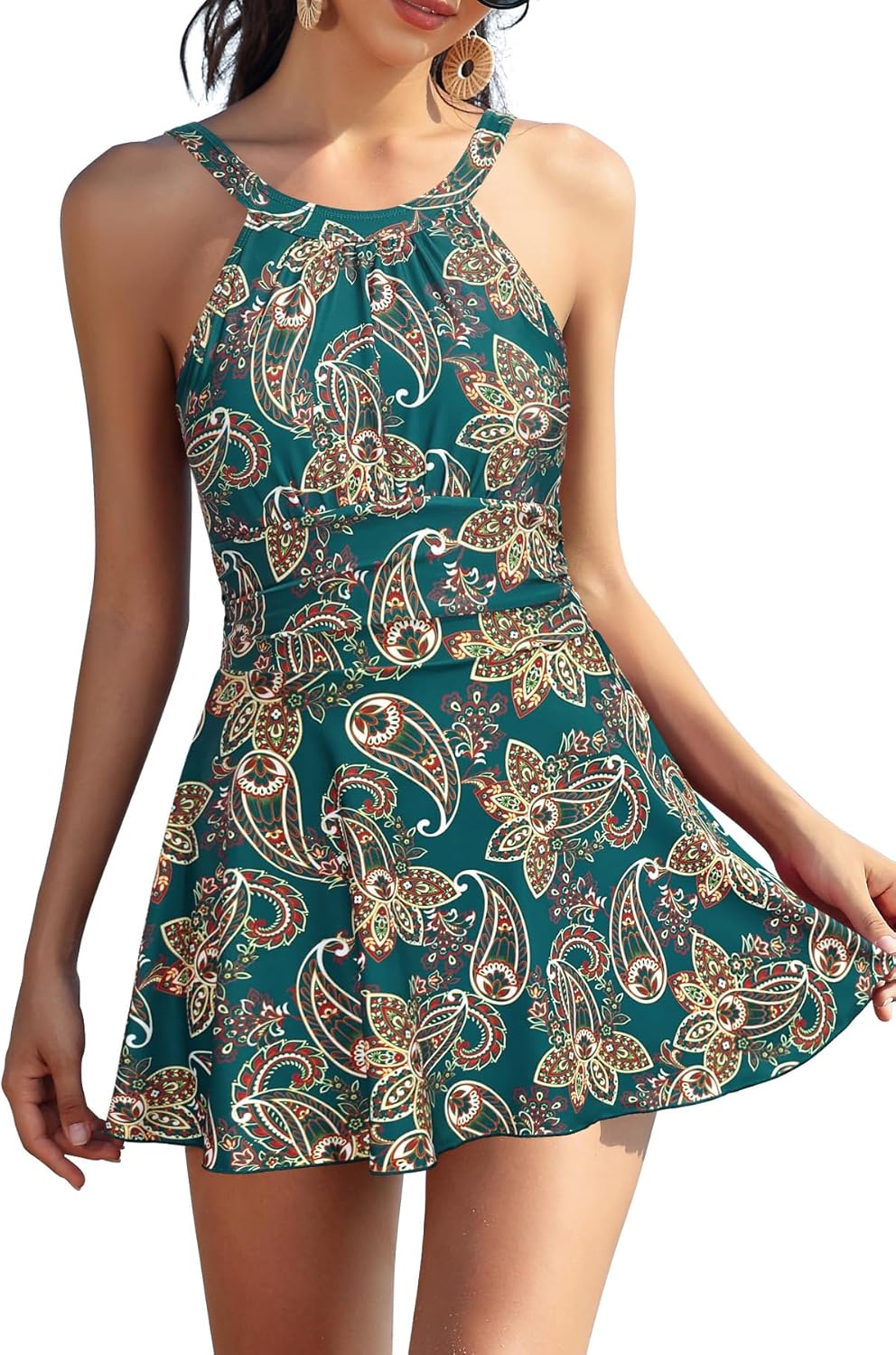 Manufacturer  SHEKINI Womens Elegant One Piece Swimdress High Neck Swim Dress Ruched Swim Skirt  Swimsuit