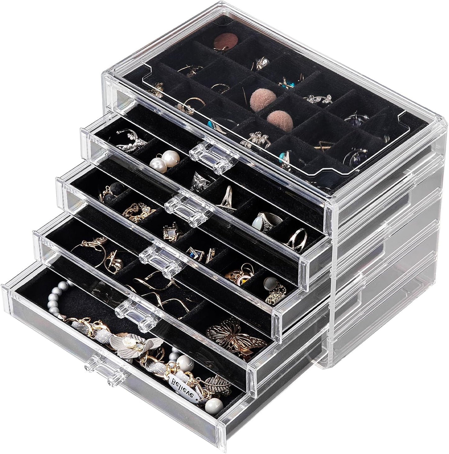 Manufacturer  Frebeauty Acrylic Jewelry Organizer Earring Organizer Box with 5 Drawers Earring Holder Organizer with Velvet Trays Clear Jewelry Box for Women Earring Display for Rings Studs(Beige)   rings