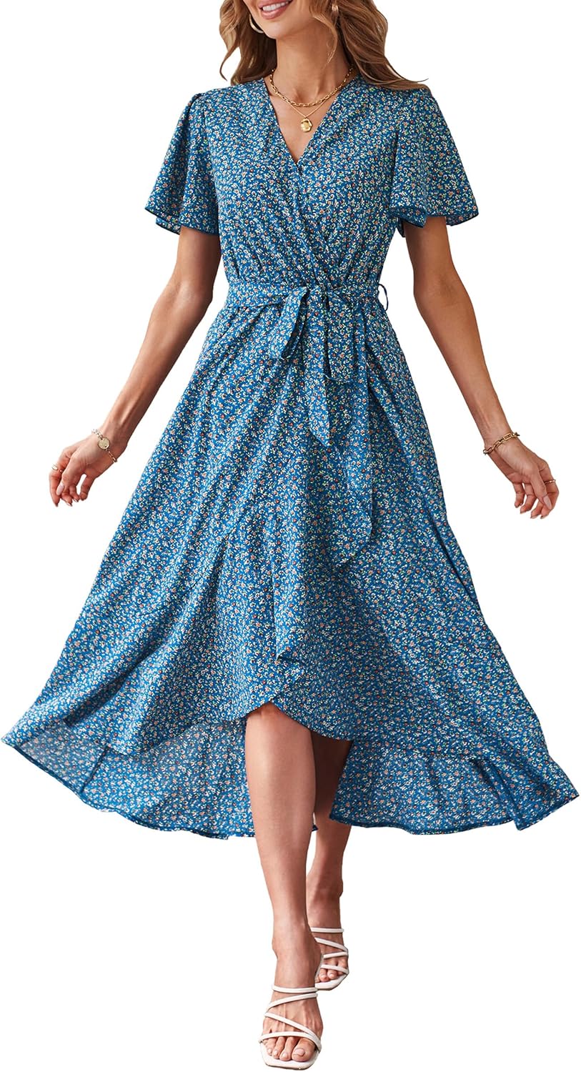 Manufacturer  PRETTYGARDEN Women's Summer Floral Boho Maxi Dress Wrap Short Sleeve V Neck Ruffle A-Line Flowy Wedding Guest Long Dresses dresses