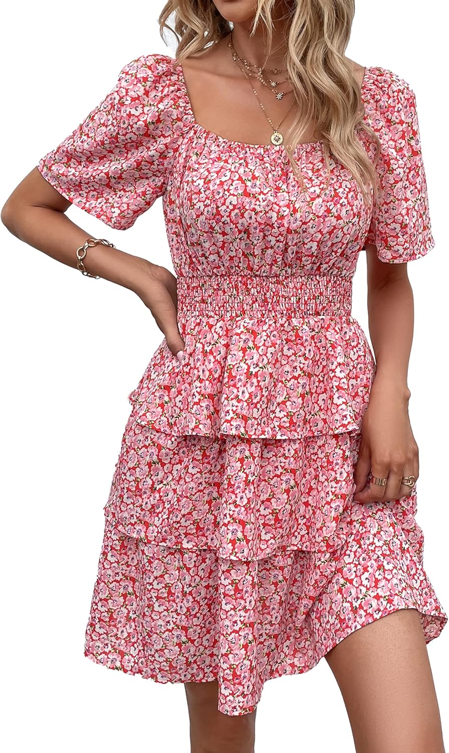 Manufacturer  PRETTYGARDEN Women's  Floral Summer Short Dress Square Neck Short Sleeve Tiered Ruffle Boho Swing Dresses dresses