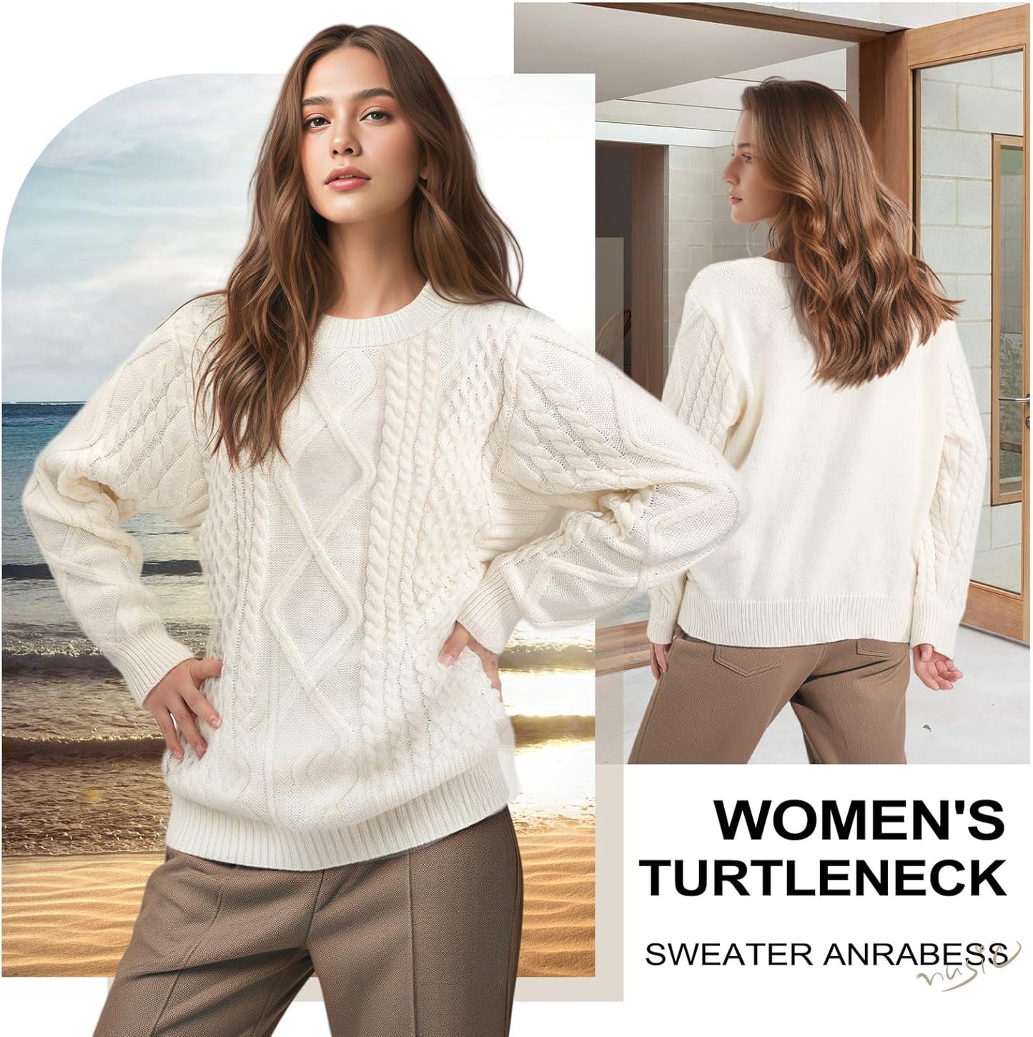 Manufacturer  Pleneal Women Sweater Vintage Pullover Cable Knit Sweater Unisex Woven Crewneck Knitted Tops Beige   sweaters