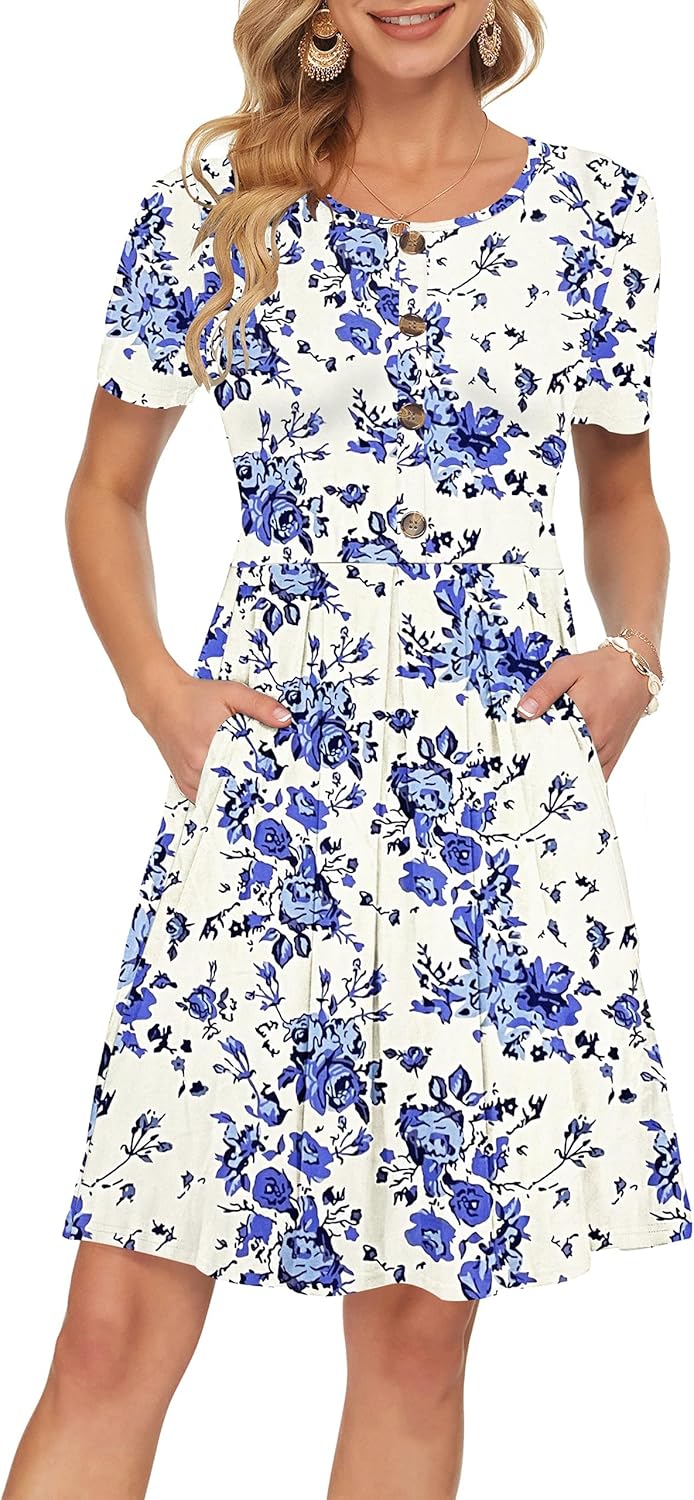 Manufacturer  AUSELILY Women's Short Sleeve Summer Dress Pleated Button Down Knee Length Dresses with Pockets New dresses