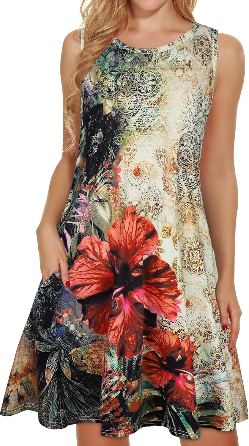Manufacturer  elescat Women's Summer Dresses 2025 Beach Casual Sleeveless Floral Print Tank Loose Sundress with Pocket dresses