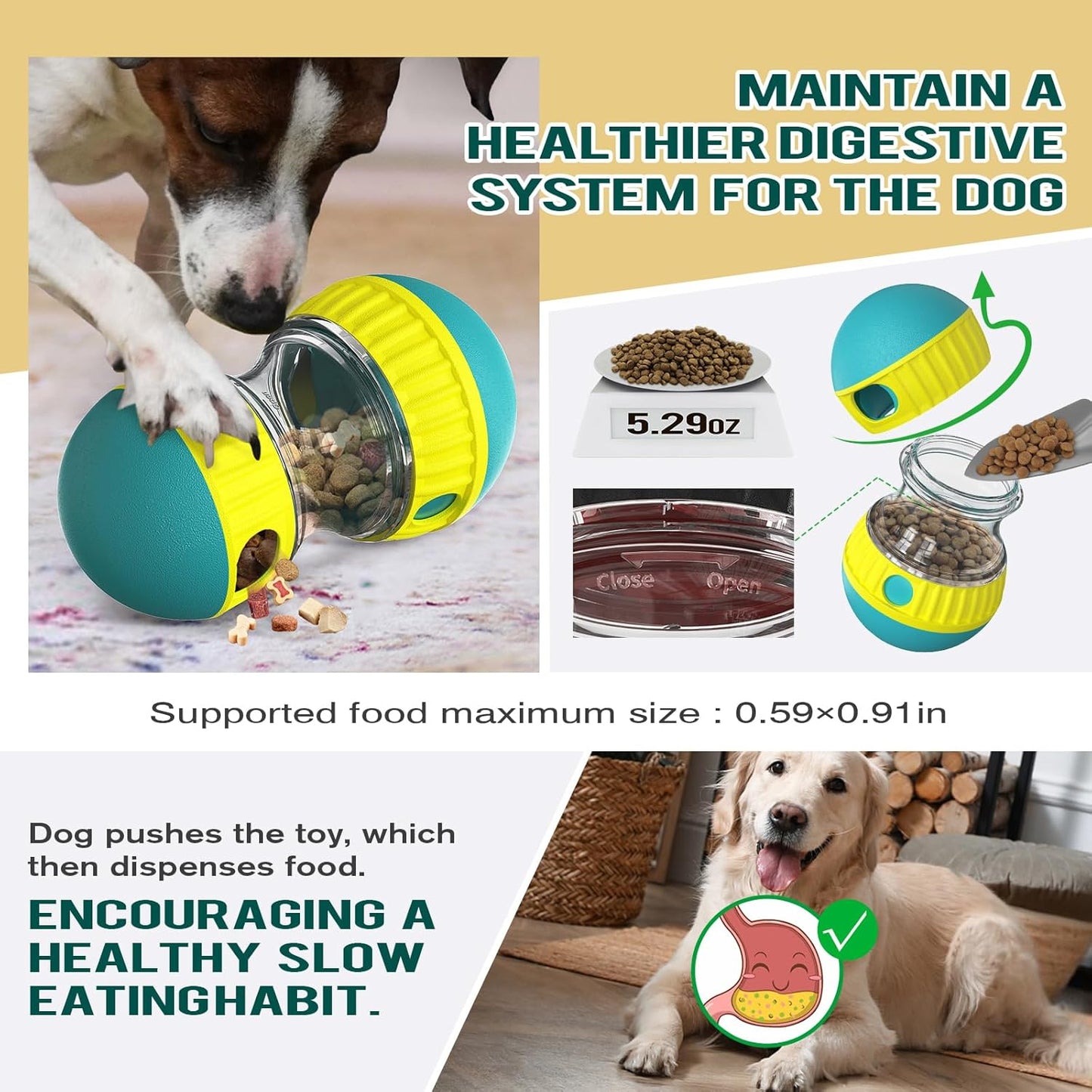 Manufacturer   Dog Puzzle Toy Adjustable Treat Dispensing Ball Food Dispenser Tough Slow Feeder Puppy Enrichment Training Toy Pet Interactive Chase Toys for Small Medium Large Dogs to Keep Them Busy, Green    Dog toy