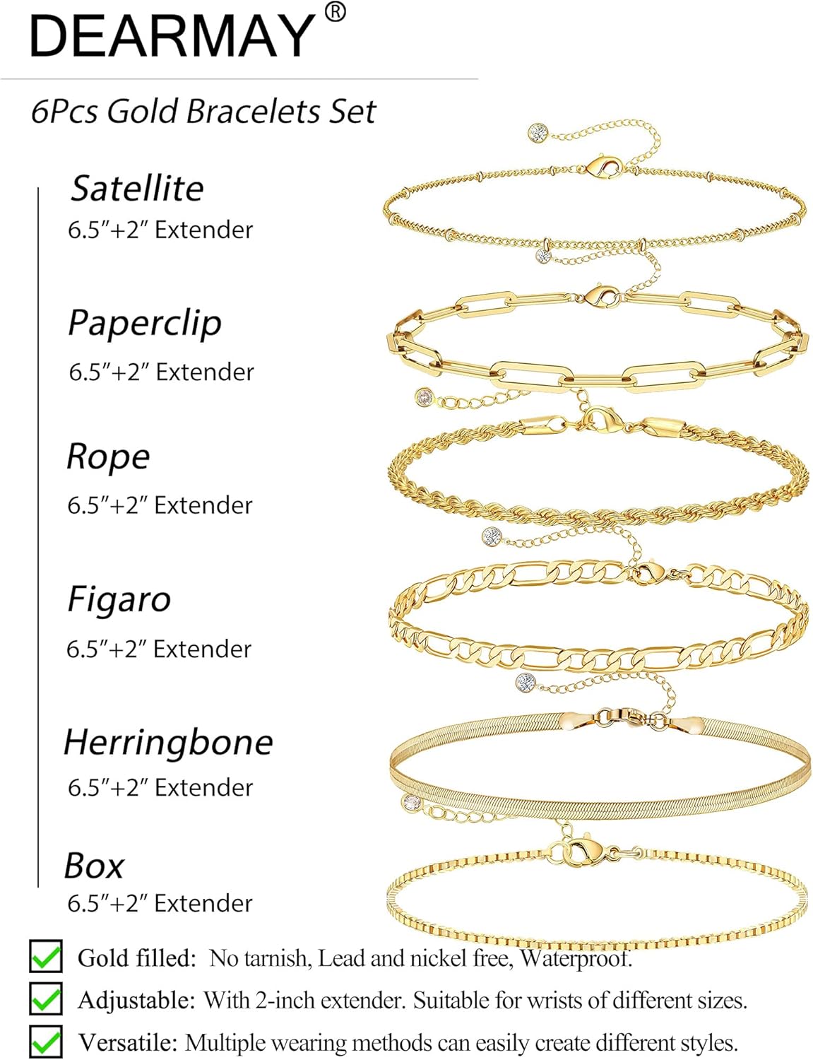 Manufacturer  DEARMAY Gold Bracelets for Women Waterproof, 14K Real Gold Jewelry Sets Trendy Thin Dainty Stackable Cuban Link Paperclip Chain Bracelet Pack Fashion Accessories Gifts for Womens  bracelets