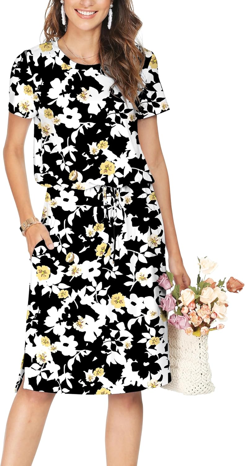 Manufacturer  Simier Fariry Womens Summer Hide Belly Knee Length Travel Dress Pocket Short Sleeve Midi Work Casual Teacher Outfit dresses