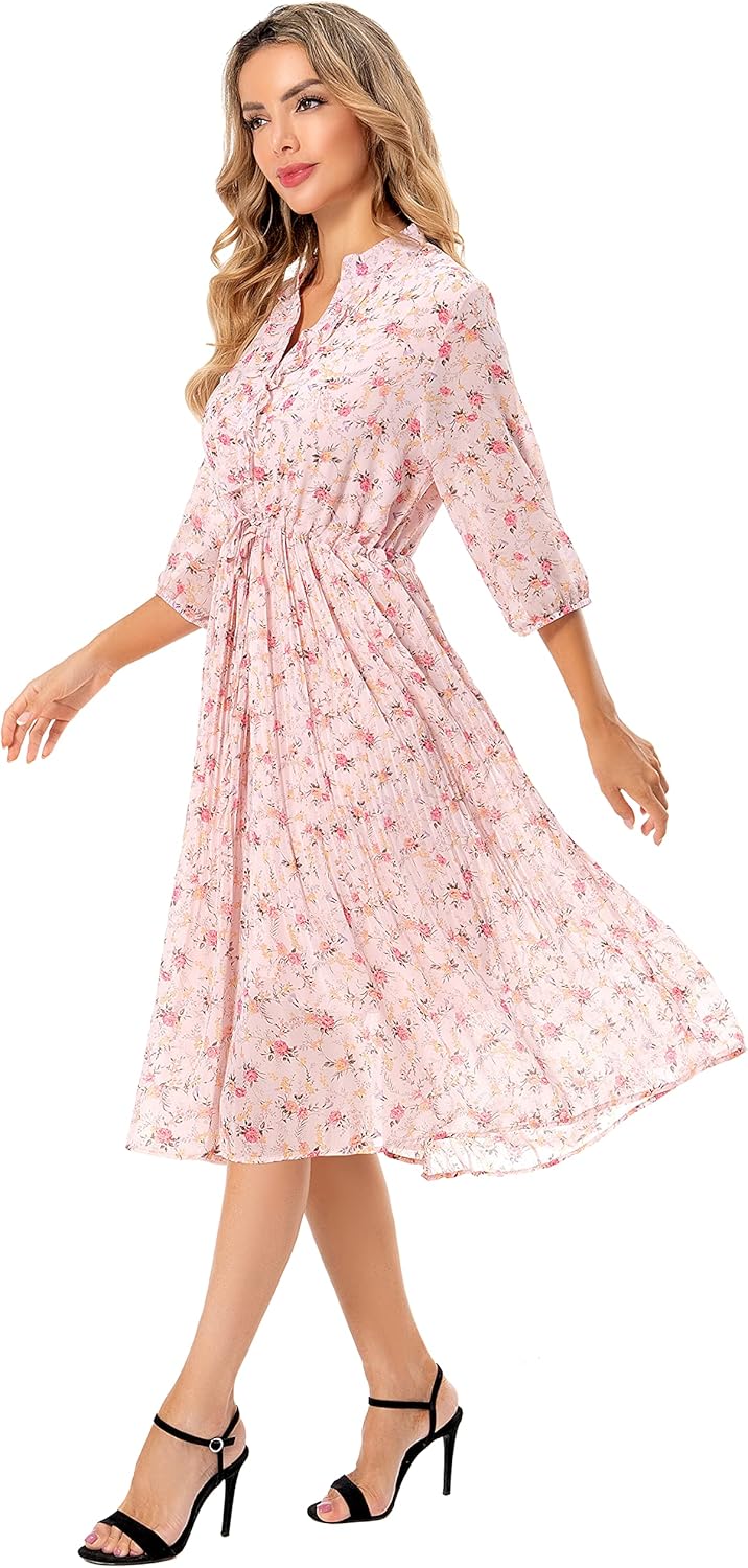 Manufacturer  Shineflow Women's Short Sleeve V-Neck 3/4 Sleeve Button Up Chiffon Floral Pleated Midi Swing Dress with Belt dresses