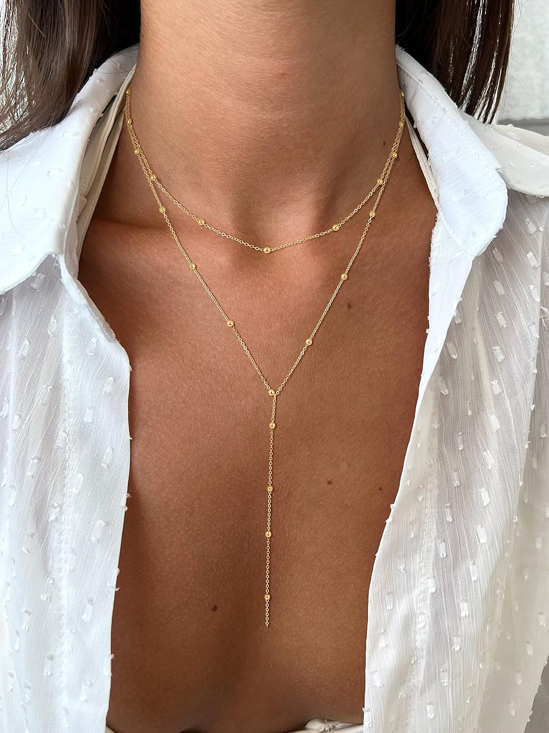 Manufacturer  Foxgirl Lariat Gold Necklace for Women, Dainty Long Necklace 14k Gold Plated/Silver Y-Shaped Pendant Necklace Trendy Layered Cz Beaded Chain Drop Necklaces Simple Gold Jewelry For Women Gift  Necklace