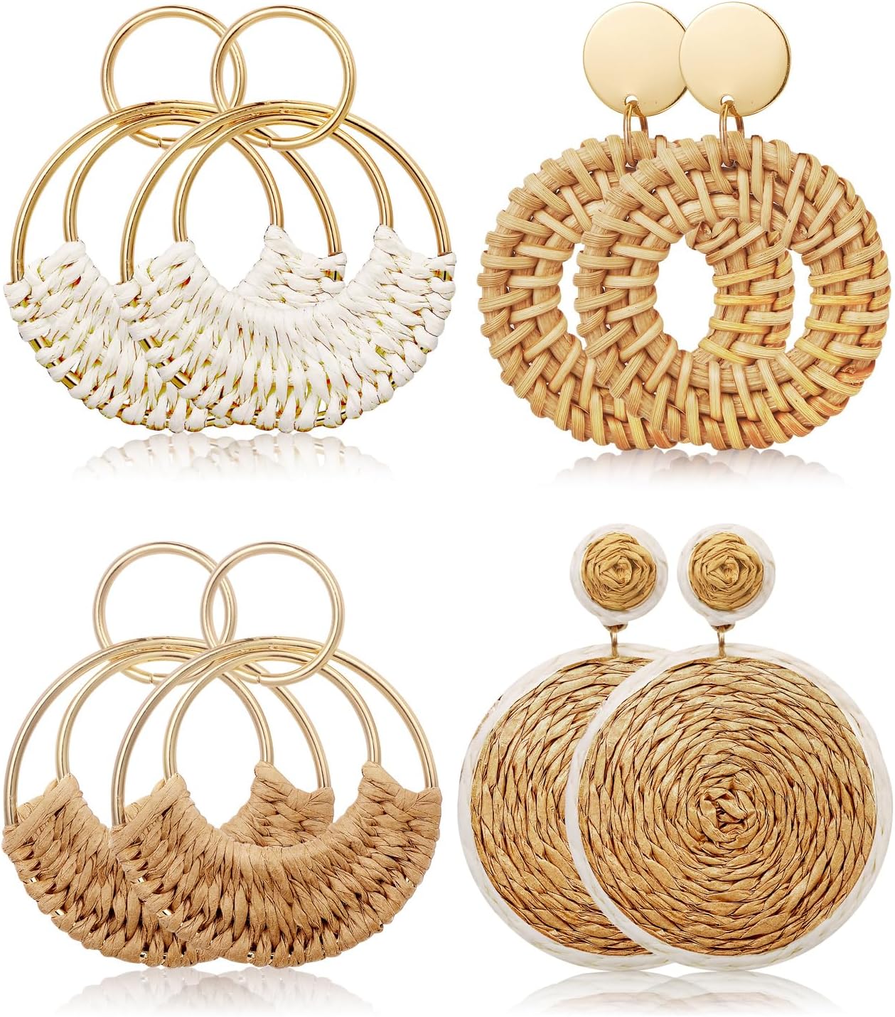 Manufacturer  4 Pairs Handmade Raffia Rattan Bohemian Round Drop Dangle Earrings for Women, Boho Statement Cute Fun Hoop Earrings Set  earring