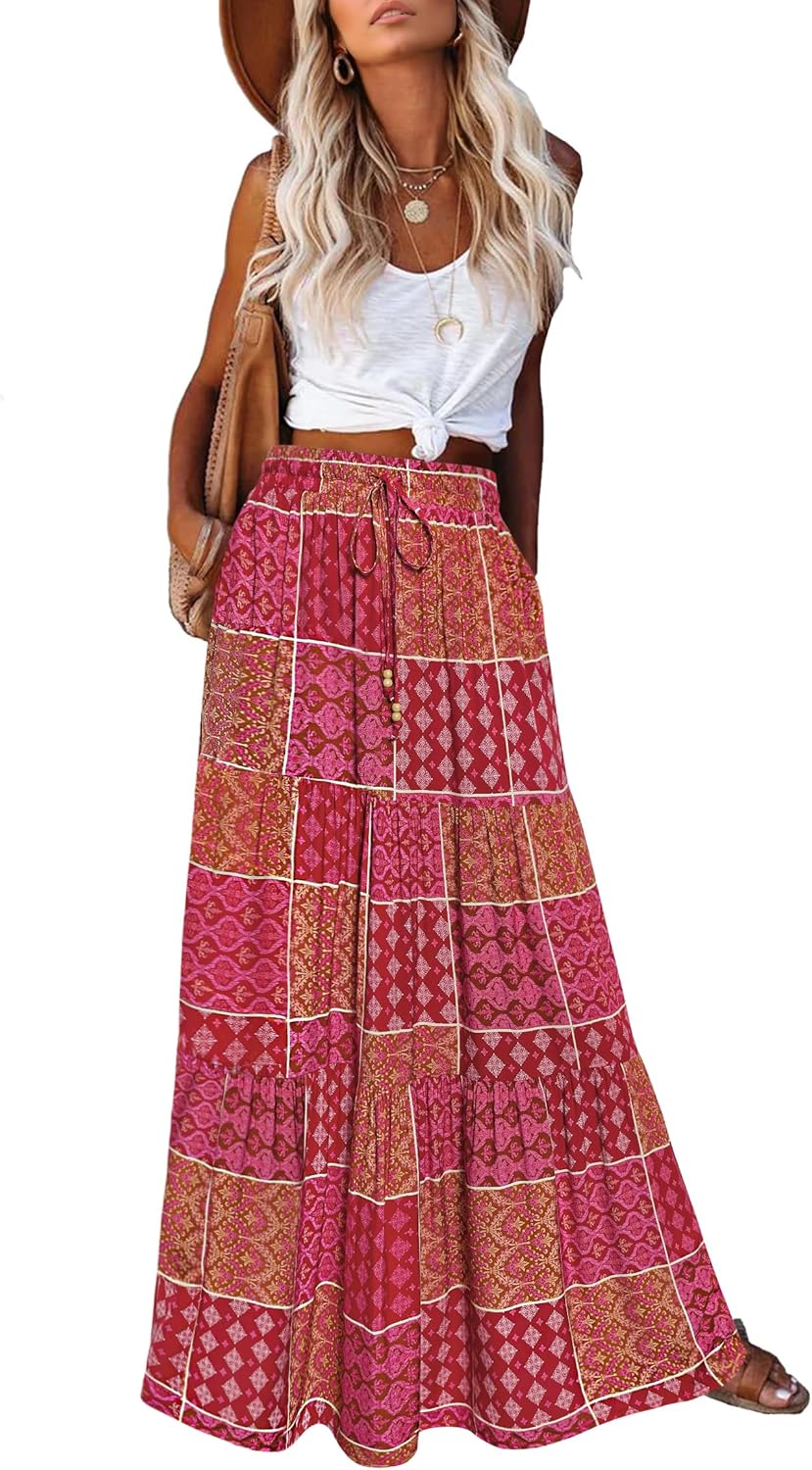 Manufacturer  HAEOF Women's Summer Boho Maxi Skirt A-Line Flowy Ruffle Tiered Elastic High Waist Beach Long Skirts with Pockets