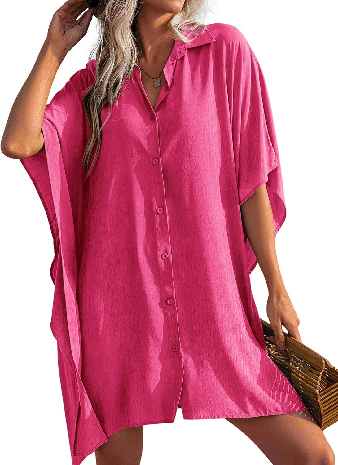 Manufacturer  Ekouaer Women's Swimsuit Cover Up 3/4 Sleeve Beachwear Bikini Coverups Button Down Oversized Cover Up Shirt S-3XL  Swimsuit