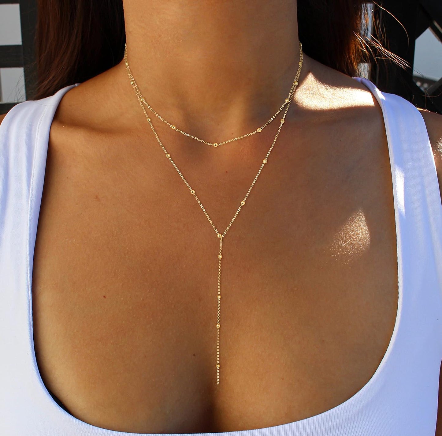 Manufacturer  Foxgirl Lariat Gold Necklace for Women, Dainty Long Necklace 14k Gold Plated/Silver Y-Shaped Pendant Necklace Trendy Layered Cz Beaded Chain Drop Necklaces Simple Gold Jewelry For Women Gift  Necklace