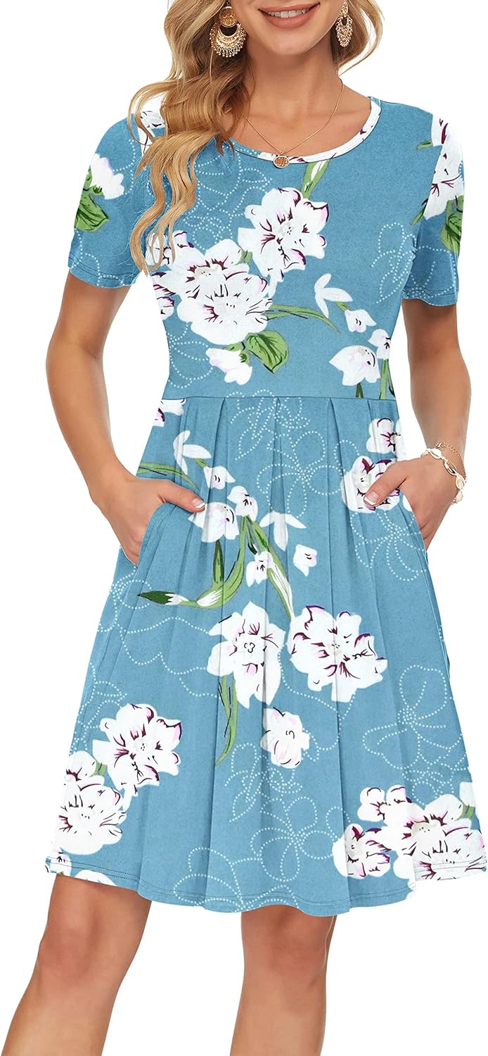 Manufacturer  AUSELILY Women's Short Sleeve Summer Dress Pleated Loose Swing Knee Length Dresses with Pockets  New dresses