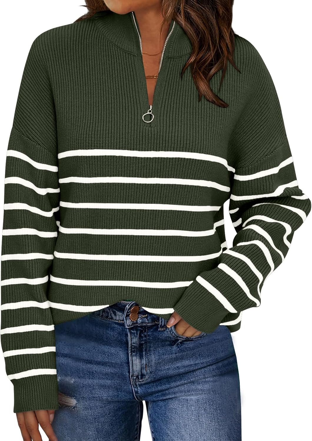 Manufacturer  LILLUSORY Women's Quarter Zip Striped Oversized Sweater Mock Turtleneck Fall Fashion Outfit   sweaters