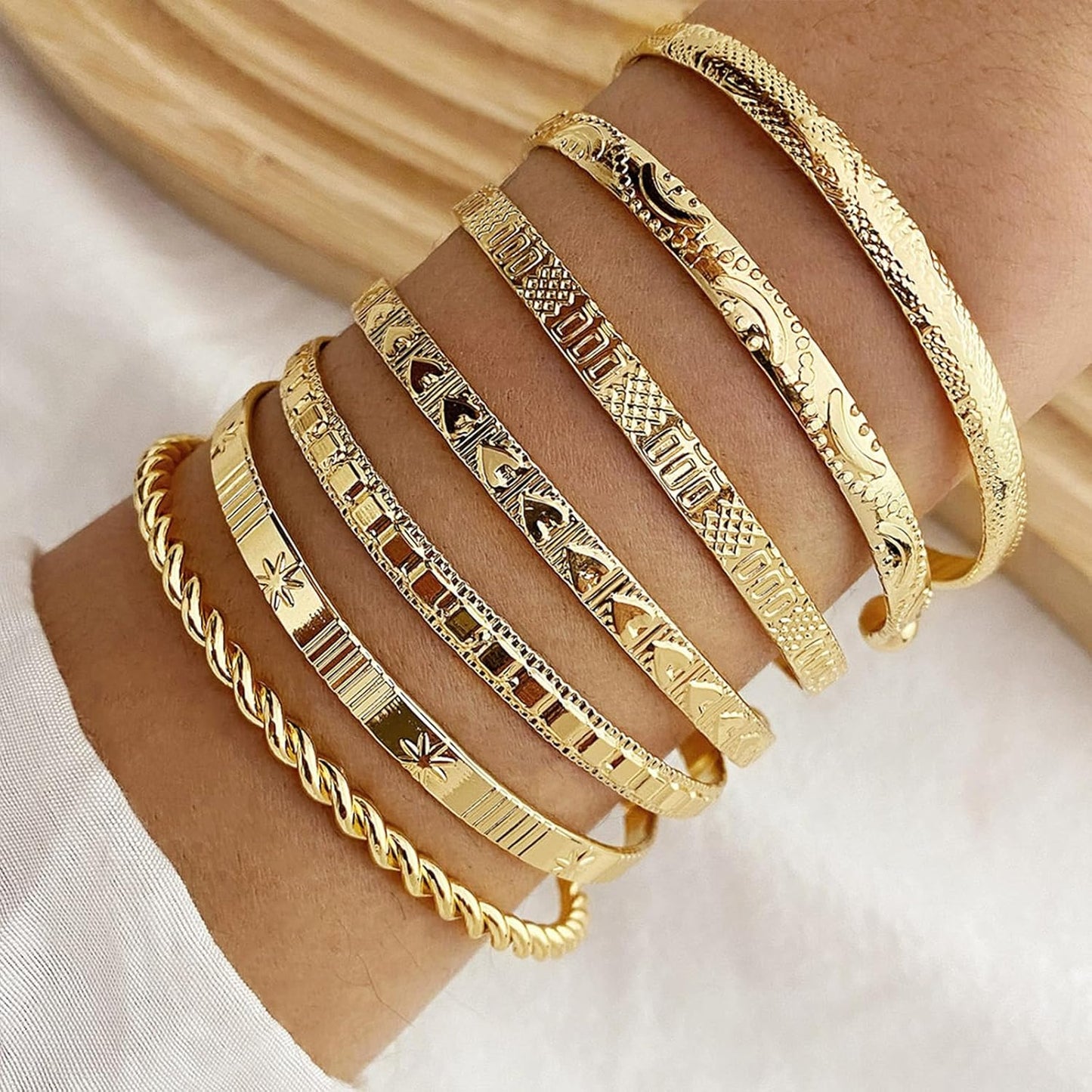 Manufacturer  IFKM Gold Bangle Bracelets For Women, 14k Gold Plated Multi Layer Stackable Cuff Bracelet Set, Trendy Elegance Charms Non Tarnish Minimalist Textured Boho Jewelry Gift for Women  bracelets